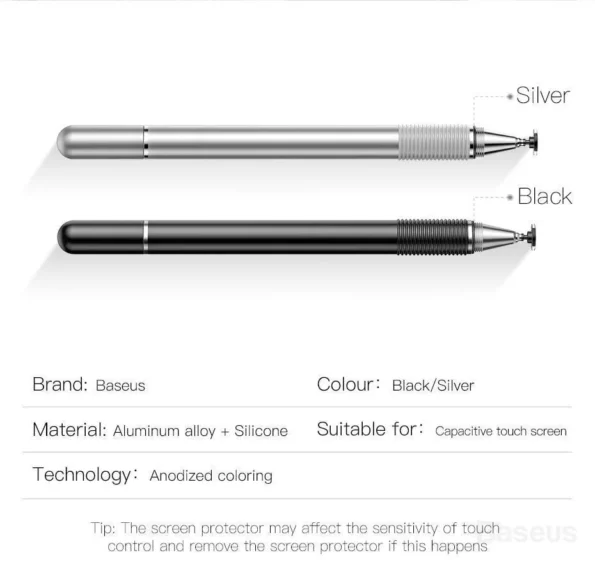 Baseus 2-in-1 Capacitive Stylus Pen : It can be used for phone or iPad with sensitive touch and exquisite stroke. Disk nib for electronic screen and oily nib for daily writing. The soft silicone disk tip is covered with special coating, and is more accurate in location and Compatible for |OS system, android system and Windows system, temporarily not compatible with the Windows system two-in-one tablet laptop. Specification : Brand Name: BASEUS Screen: Capacitive Screen Brands: Universal Application: Laptops Length: 13.7cm Package: Yes Model Number: Baseus Stylus Touch Pen Material: Silicon Product Name: Baseus Double Using Capacitive Stylus Pen Color: Black,Silver Material: Aluminum Alloy + Silicone Suitable For: Capacitive Touch Screen Devices
